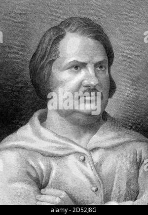 Honoré de Balzac. Ritratto del romanziere francese e drammaturgo, Honoré de Balzac (1799-1850) di Adrien-Jean Nargeot, incisione del 19 ° secolo Foto Stock