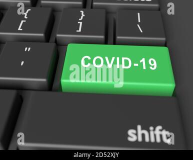 Concetto COVID-19. Word COVID-19 pulsante ON della tastiera del computer. rendering 3d Foto Stock
