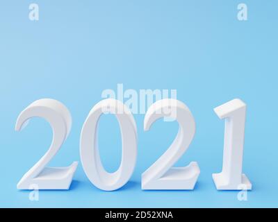 Numero bianco 2021 del nuovo anno su sfondo blu. rendering 3d Foto Stock