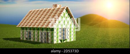 Una casa costruita dalle banconote in euro. Costo di proprietà. Rendering 3D Foto Stock