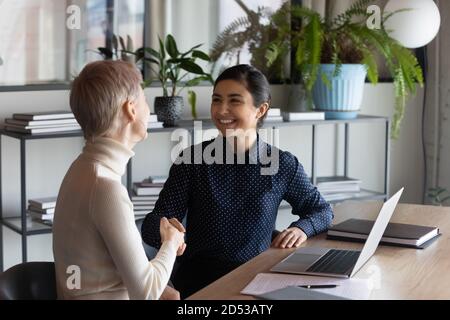 Sorridendo diverse donne d'affari handshake saluto alla riunione Foto Stock