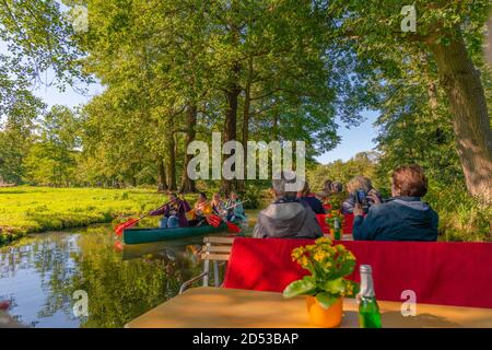 Tour in barca sui canali e sulle insenature attraverso la Spreewald o la Foresta Sprea, la comunità di Burg, il Brandeburgo, la Germania orientale, l'Europa Foto Stock