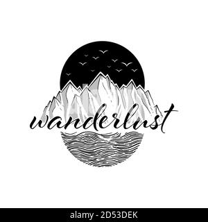 Wanderlust avventura cerchio icona con uccelli. Montagna e mare nero su bianco. Illustrazione del vettore nero Illustrazione Vettoriale