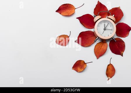 La sveglia si trova sulle foglie d'autunno Foto Stock