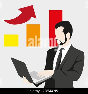 Giovani uomini d'affari. Banner di illustrazione vettoriale. Progettazione progetto di strategia di marketing concetto. Condivisione di idee, preparazione di presentazioni, coaching uomini Illustrazione Vettoriale