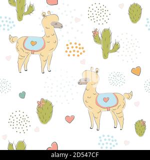 Disegnato a mano modello senza cuciture con giovani alpaca, cactus e cuori su sfondo sottile con punti. Ottimo per i tessili, tessuto, campioni, carta regalo, pagina Illustrazione Vettoriale