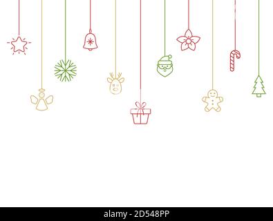 Vacanze colore baubles con fiocco di neve, santa, albero di natale, renne, canna da zucchero, angelo, confezione regalo. Natale appeso su sfondo bianco. Anno nuovo Illustrazione Vettoriale