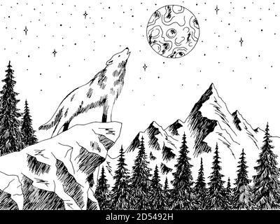 Lupo urlando alla luna montagna foresta grafica bianco nero vettore di illustrazione dello schizzo orizzontale Illustrazione Vettoriale
