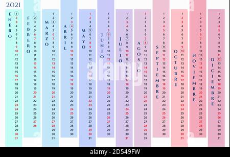 Calendario spagnolo modello 2021. Nuovo 2021 anni. Mesi verticali. Calendario parete vettoriale Illustrazione Vettoriale
