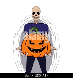 Lo scheletro tiene l'arte vettoriale della zucca di Halloween isolata su sfondo bianco. Mostri di Halloween in stile cartoon. Illustrazione Vettoriale