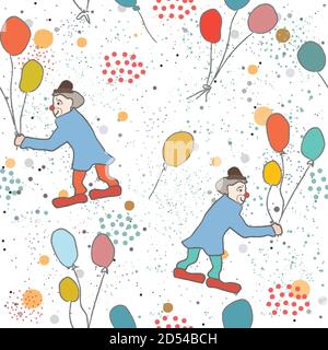 Disegnato a mano modello senza cuciture con clown e palloncini.Ideale per matrimoni, schede, cartoline, t-shirt, inviti nuziale, brochure, poster, dono wrappin Illustrazione Vettoriale