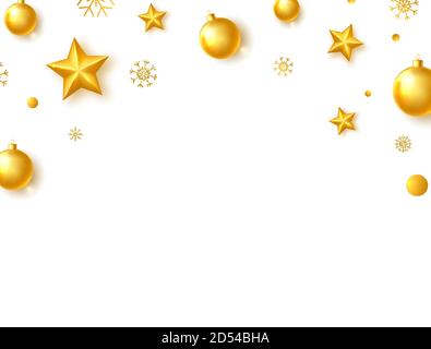 Confine festeggiamenti. Biglietto d'auguri natalizio con palline d'oro brillante, stelle e fiocchi di neve. Vacanza di lusso background. Elegante cornice di Capodanno. Realistico Illustrazione Vettoriale