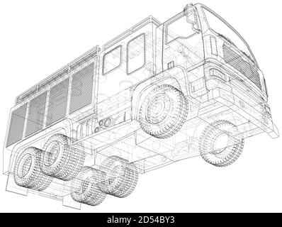 Camion antincendio con telaio a filo vettoriale. I livelli delle linee visibili e invisibili sono separati. Formato EPS10. Vettore creato di 3d Illustrazione Vettoriale