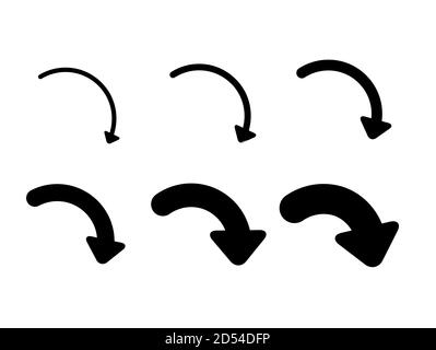 Impostare le frecce e i segni di direzione a destra o successiva. Spessori diversi da sottili a spessi. Frecce vettoriali nere isolate su sfondo bianco. Illustrazione Vettoriale