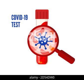 Il laboratorio effettua un esame del sangue per un risultato positivo o negativo del coronavirus. Il sangue viene esaminato sotto una lente di ingrandimento. Illustrazione vettoriale Illustrazione Vettoriale