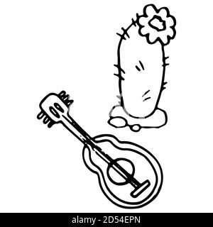 Icona di chitarra e cactus su sfondo bianco isolato. Giorno del simbolo morto per invito o carta regalo, taccuino, tegola da bagno, album Telefono case o cl Illustrazione Vettoriale