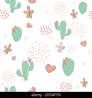 Disegnato a mano modello senza cuciture con giovani alpaca, cactus e cuori su sfondo sottile con punti. Ottimo per i tessili, tessuto, campioni, carta regalo, pagina Illustrazione Vettoriale