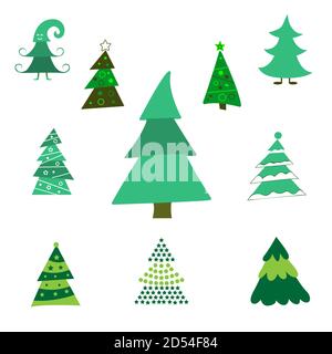 Impostare diversi alberi di Natale astratti verdi con Tinsel e senza. Collezione albero di Natale decorato isolato. Illustrazione vettoriale. Illustrazione Vettoriale