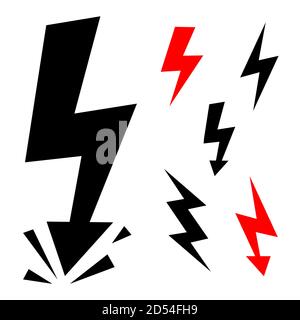 Vector Set Icons nero Lightning Bolt. Collezione di icone Thunder con fulmine. Pericolo di elettricità tuono. Illuminazione Flash isolata. Illustrazione Vettoriale