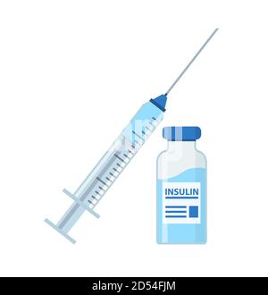 Flacone di insulina e siringa per iniezione. Controlla il tuo concetto di diabete. Illustrazione vettoriale isolato su sfondo bianco. Illustrazione Vettoriale