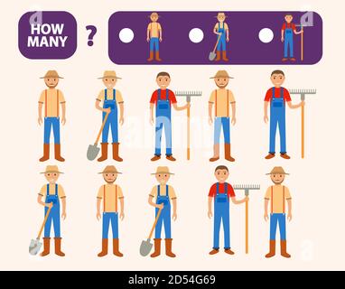 Contare quanti contadini è gioco educativo. Sviluppo di attività matematiche del pensiero logico dei bambini. Illustrazione Vettoriale