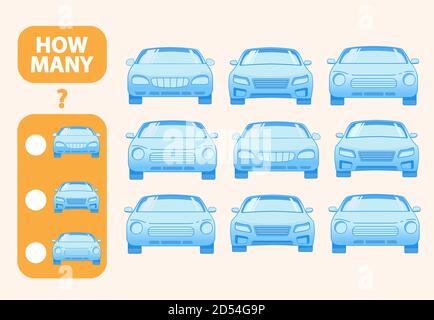 Conta quante auto giocattolo è gioco educativo. Sviluppo di attività matematiche del pensiero logico dei bambini. Illustrazione Vettoriale