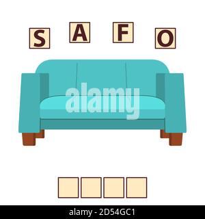Parole di gioco puzzle mobili divano . Educazione bambini in via di sviluppo. Illustrazione Vettoriale