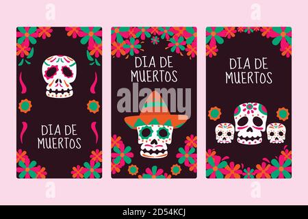 Dia De Muertos o il giorno della morte dei social media storie modello. Illustrazione Vettoriale