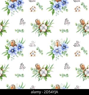 Modello senza cuciture di anemone con eucalipto e fiori di cotone per tessuto, invito al matrimonio, sfondi carte su bianco Foto Stock