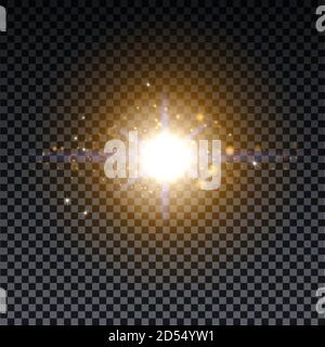 Golden burst con raggi scintillanti e effetto flare dell'obiettivo. Stelle incandescenti. Luci dorate con glitter bokeh e raffica di particelle di polvere magiche. Illustrazione vettoriale Illustrazione Vettoriale
