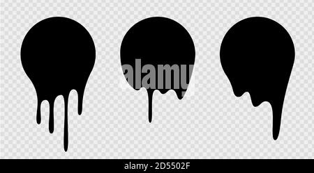 Adesivi per colata continua o etichette circolari. Icone di gocce di liquido vettoriale per adesivi con blob di graffiti. Gocce di cioccolato fondente o liquido nero, vernice corrente Illustrazione Vettoriale