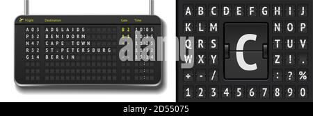 Scheda di partenza della compagnia aerea vettore isolata. Modello di scheda aeroportuale analogico realistico. Orario in 3d nero per l'aeroporto con arrivi con segnapunti a scatto Illustrazione Vettoriale
