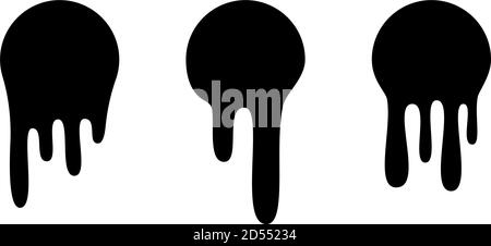 Adesivi per colata continua o etichette circolari. Icone di gocce di liquido vettoriale per adesivi con blob di graffiti. Gocce di cioccolato fondente o liquido nero, vernice corrente Illustrazione Vettoriale
