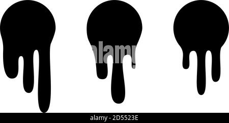 Adesivi per colata continua o etichette circolari. Icone di gocce di liquido vettoriale per adesivi con blob di graffiti. Gocce di cioccolato fondente o liquido nero, vernice corrente Illustrazione Vettoriale