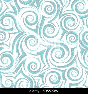 Motivo geometrico senza cuciture di onde blu fluenti di spirali e ricci su uno sfondo bianco. Mare o oceano stilizzato onde o increspature sull'acqua. Illustrazione Vettoriale