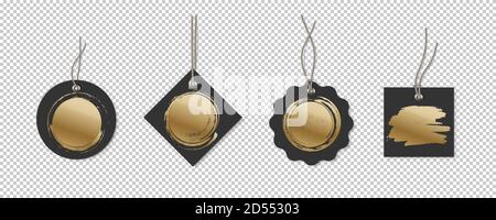 Etichette nere con set di modelli mockup a pennello oro. Carte con corde per la vendita di forme diverse: Rotonde, rettangolari, quadrate. Adesivi su Illustrazione Vettoriale