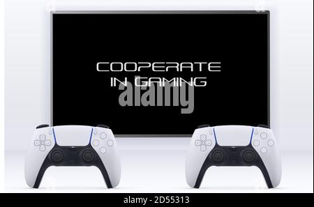 Concetto di gioco cooperativo con telecomando e gamepad davanti al televisore isolato su sfondo bianco illustrazione vettoriale Illustrazione Vettoriale