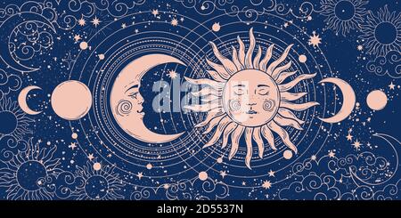 Banner magico per astrologia, tarocchi, boho design. Universo arte, luna crescente e sole su sfondo blu. Illustrazione vettoriale esoterica, modello Illustrazione Vettoriale