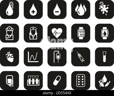 Preassicurazione del sangue o icone del sangue bianco su Black Flat Design Imposta grande Illustrazione Vettoriale