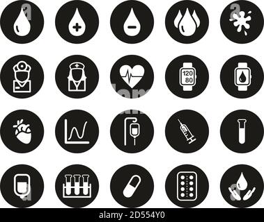 Preassicurazione del sangue o icone del sangue bianco su Black Flat Design Cerchio Set Grande Illustrazione Vettoriale