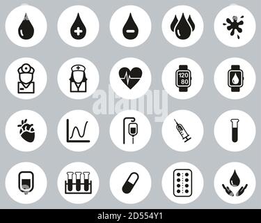 Preassicurazione del sangue o icone del sangue Design piatto in bianco e nero Cerchio Set Grande Illustrazione Vettoriale