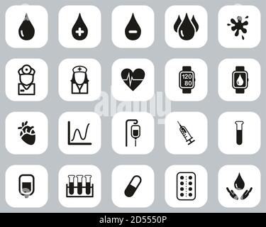 Preassicurazione del sangue o icone del sangue Design piatto in bianco e nero Imposta grande Illustrazione Vettoriale