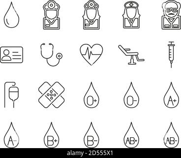 Tipi di sangue o di donazione di sangue icone linea sottile Serie Big Illustrazione Vettoriale