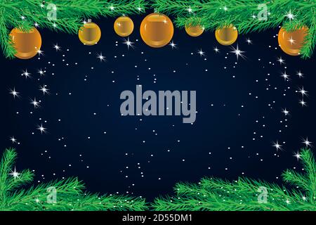 Sfondo natalizio con rami di abete e palle d'oro. Confine natalizio con decorazioni natalizie su sfondo scuro. Banner invernale con spazio per la copia. Vettore Illustrazione Vettoriale