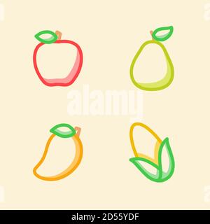 Frutta Icon Set collezione mela pera mango mais bianco isolato sfondo con stile di contorno del colore del tratto Illustrazione Vettoriale
