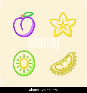 Frutta Icon Set collezione prugne stella frutta kiwi durian bianco sfondo isolato con stile contorno colore tratto Illustrazione Vettoriale
