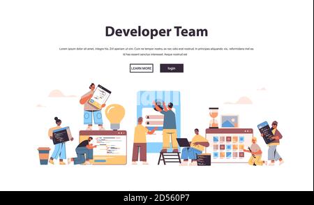 team di sviluppatori web di mix race che crea sviluppo di applicazioni per codice programma concetto di programmazione software illustrazione vettoriale dello spazio di copia orizzontale a lunghezza intera Illustrazione Vettoriale