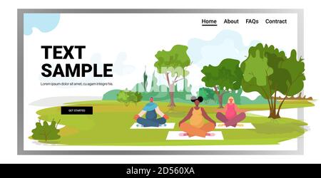 mix razza donne incinte facendo yoga fitness esercizi di allenamento sano stile di vita concept ragazze meditating in parco paesaggio sfondo orizzontale pieno lunghezza immagine vettoriale spazio di copia Illustrazione Vettoriale