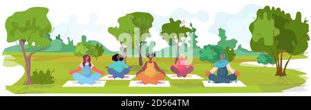 mix razza donne incinte facendo yoga fitness esercizi di allenamento sano stile di vita concept ragazze meditating in parco paesaggio sfondo orizzontale pieno illustrazione del vettore lunghezza Illustrazione Vettoriale