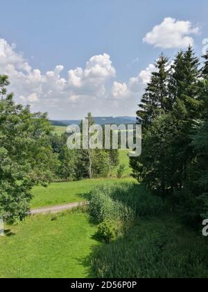 Vista su boschi misti con prati verdi e campi in lo sfondo Foto Stock